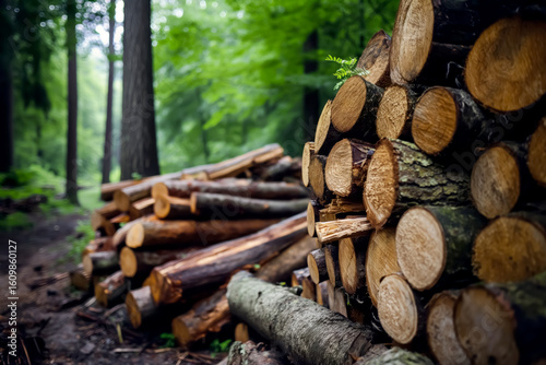 Stacked Timber Logs in Natural Forest Setting – Sustainable Logging Theme