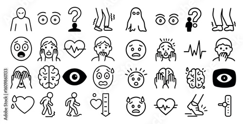 Collection of emoticons and faces, including a heart, a skull, and a ghost. Scene is one of confusion and uncertainty, as the faces and emoticons are all over the page