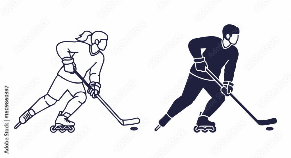 Fototapeta premium Inline Hockey Athletes – Male and Female Motion Vector Set