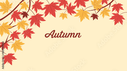 Beautifully illustrated autumn scene featuring vibrant red and yellow maple leaves adorning tree branches against a soft cream background with the word autumn elegantly scripted