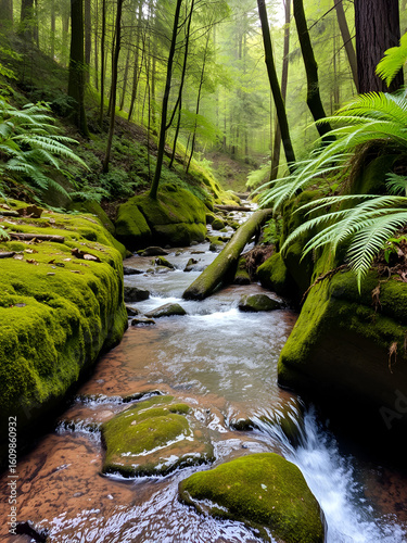 A clear stream winds through a dense green forest with mossy rocks and ferns