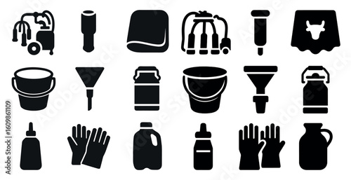 Collection of various items, including a bucket, a bottle, and a cup, are displayed in a row