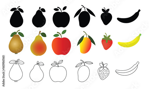 A versatile fruit set featuring various styles including black silhouettes, colorful illustrations, and black line art of popular fruits such as pear, apple, mango, strawberry, and banana. guava