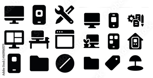 Collection of icons for various computer and electronic devices. The icons include a computer monitor, keyboard, mouse, cell phone, and a tablet