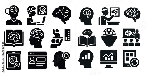 Collection of black and white icons that represent various aspects of the human brain. The icons include a person reading a book, a person using a laptop, a person holding a book