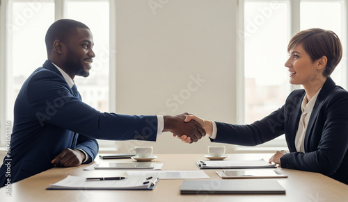Friendly Business Handshake Between Colleagues at Desk