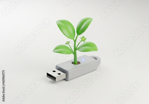 3D plant in a USB stick pot, Futuristic, Eco UI