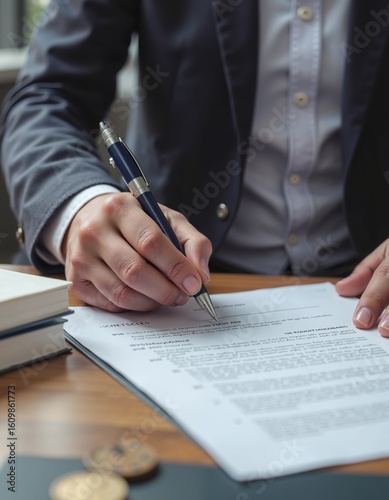 Caucasian male signing business document at office desk with pen and coins
