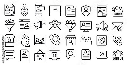 Collection of icons for various social media platforms and job opportunities. The icons include a heart, a phone, a laptop, a microphone, a camera, a shopping cart, a shopping bag, a book