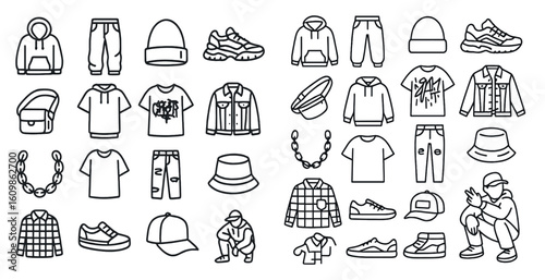 The image is a collection of clothing items, including hats, shirts, and pants. The clothing items are arranged in a grid-like pattern, with each item taking up a small portion of the space