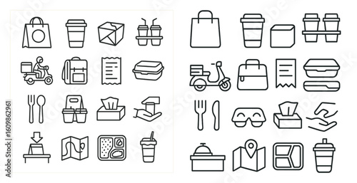 Set of icons for food and drink items, including cups, forks, spoons, and napkins