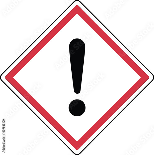 Red and black exclamation mark warning symbol on white diamond background warning sign