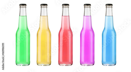Fotografie Five colorful glass bottles of soda pop with black caps on white background