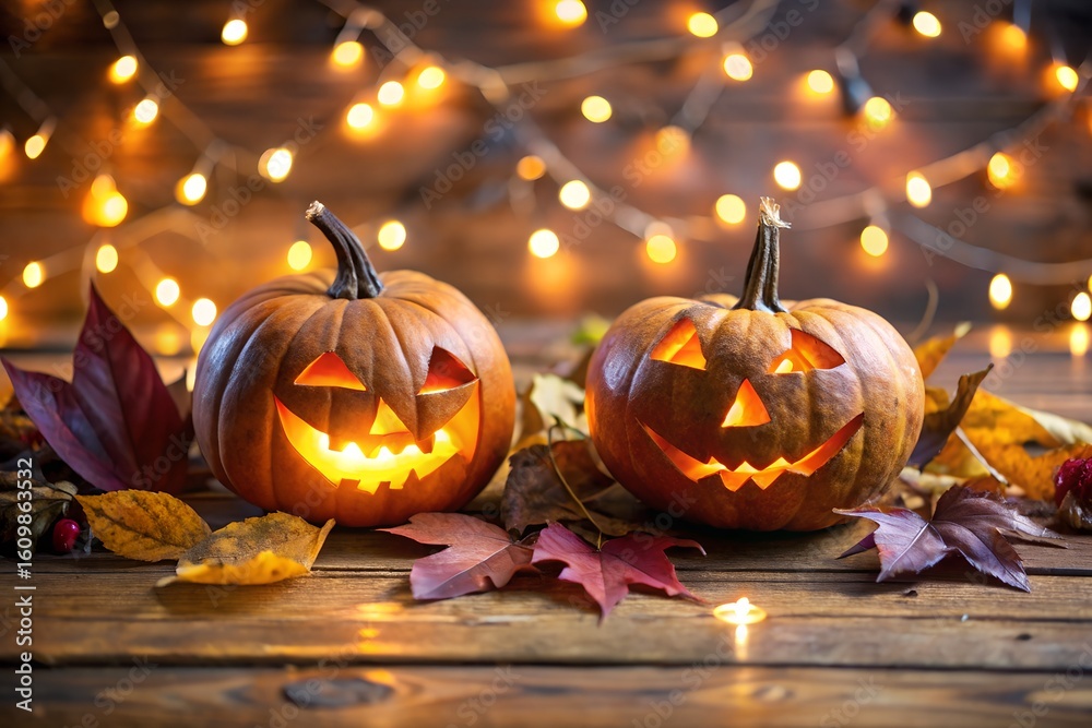 Fototapeta premium Two carved pumpkins with glowing faces sit on a wooden surface with festive lights