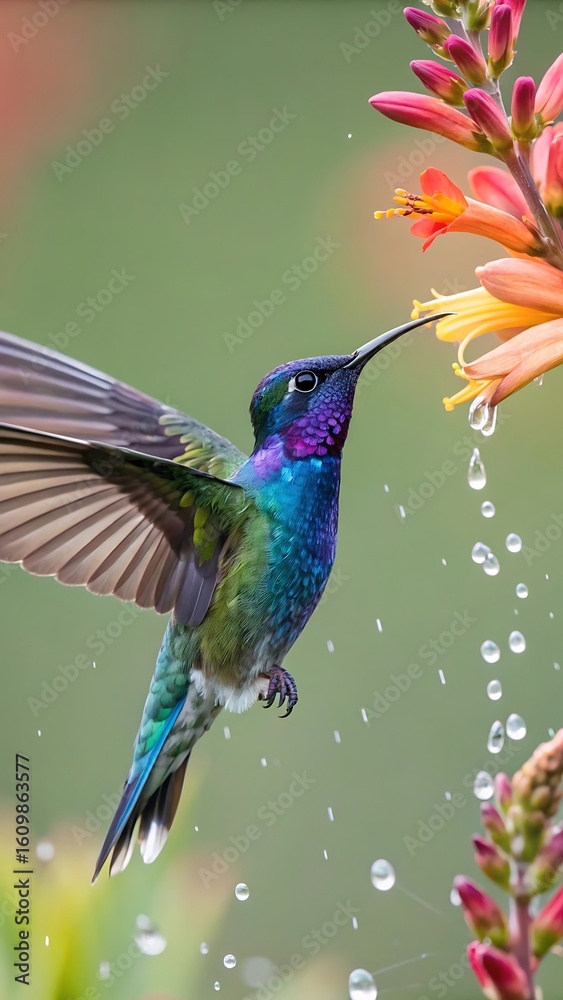 Obraz premium Hummingbird feeding on nectar from orange flower image