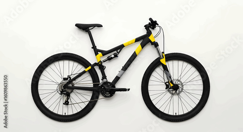 A modern full-suspension mountain bike with black and yellow frame for off-road sports, isolated on a white background.