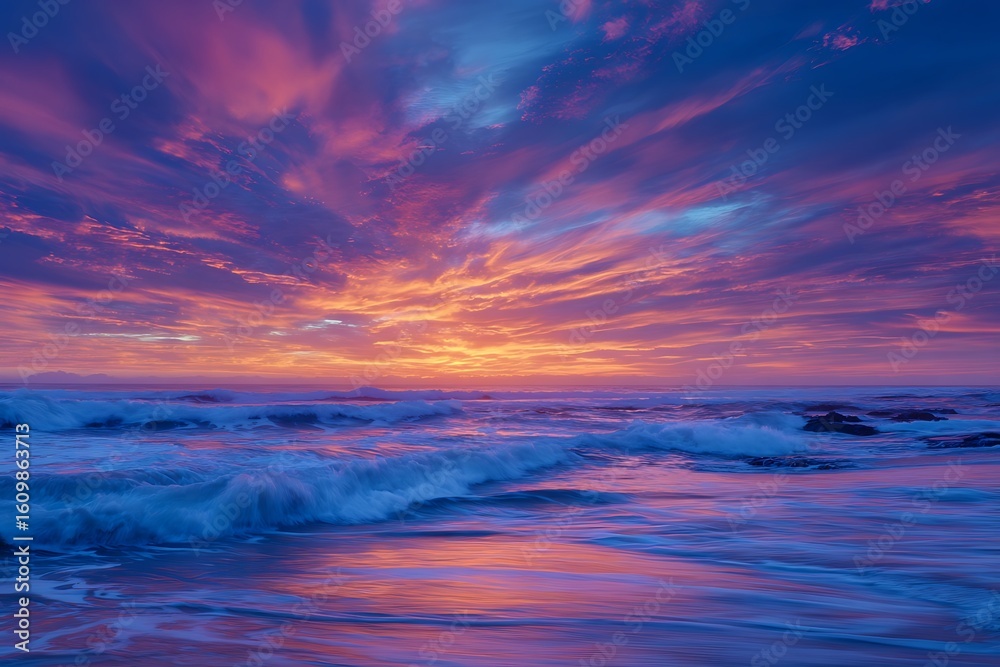 Obraz premium Sunset ocean vibrant colors calm waves scenery view 