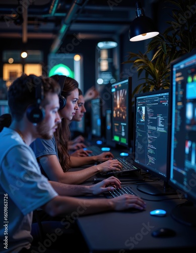 Young diverse team of programmers collaborating in a modern office environment at night