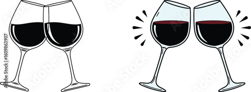 Two Red Wine Glasses Toasting Vector Illustration Set
