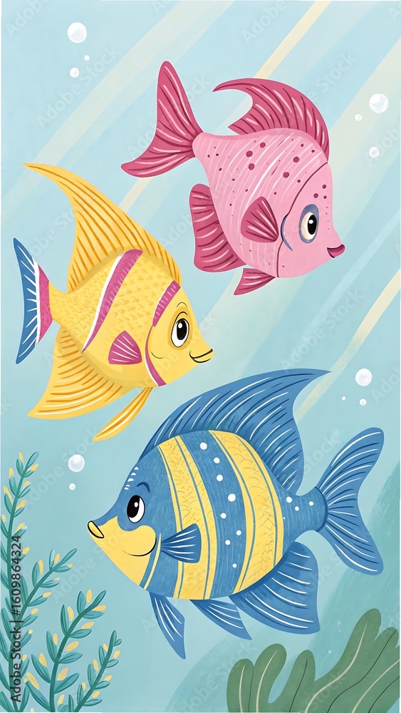 Naklejka premium Three colorful fish swimming underwater tropical blue