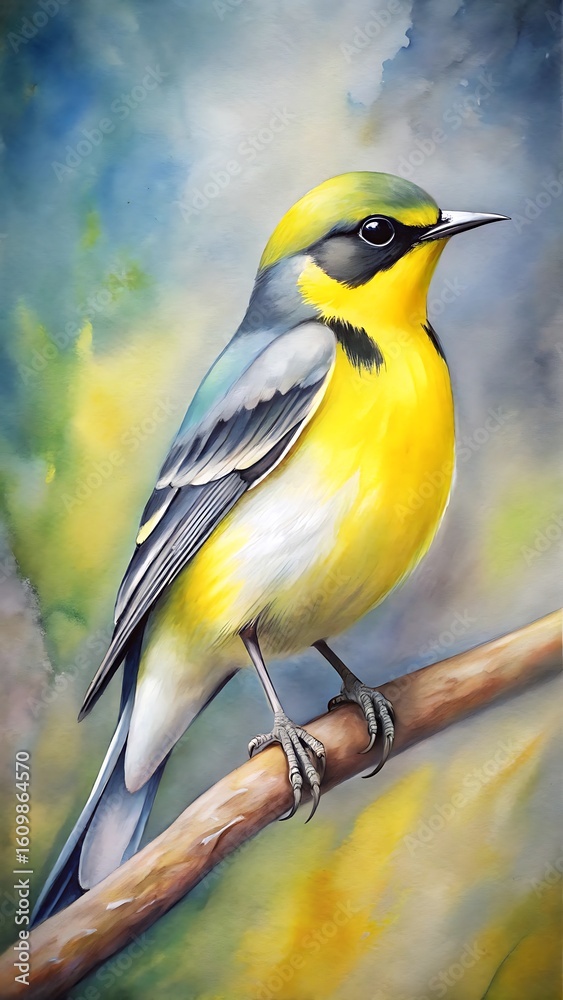 Obraz premium Yellow bird perched on branch blue gray