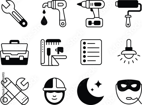 Collection of hand drawn icons representing tools and professions