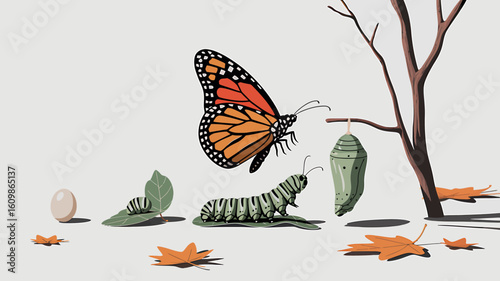 Monarch Butterfly Life Cycle Stages Vector Illustration Egg Caterpillar Chrysalis Butterfly Metamorphosis and Transformation Biology Nature Study