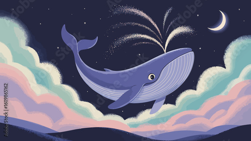 Whimsical Whale Illustration with Moonlit Night Sky and Pastel Clouds Creative Design Concept with Fantasy Elements