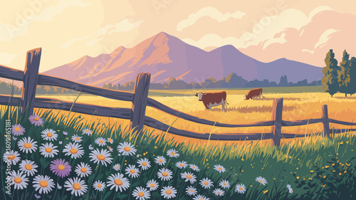 Pastoral Farm Landscape with Cows Grazing Field Daisies and Rolling Hills at Sunset Serene Countryside View and Wooden Fence Rustic Charm