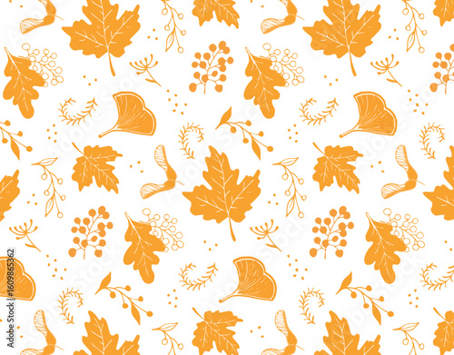 Seamless pattern with hand-drawn autumn leaves, berries, ginkgo and samara in flat vector style. Orange elements on white background. Ideal for fabric, packaging, wrapping, and seasonal decor.