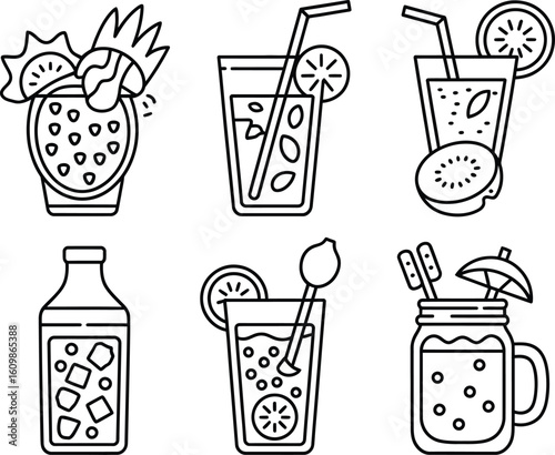 Collection of six hand drawn refreshing summer drinks and cocktails with ice and fruit