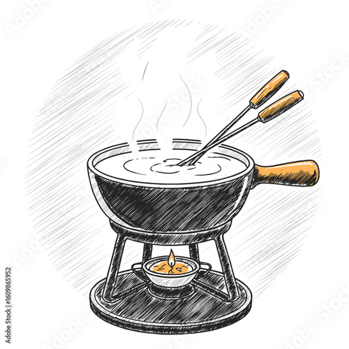 Black and white illustration of cheese fondue isolated on white background