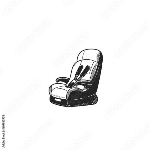 Black and white illustration of child car seat isolated on white background