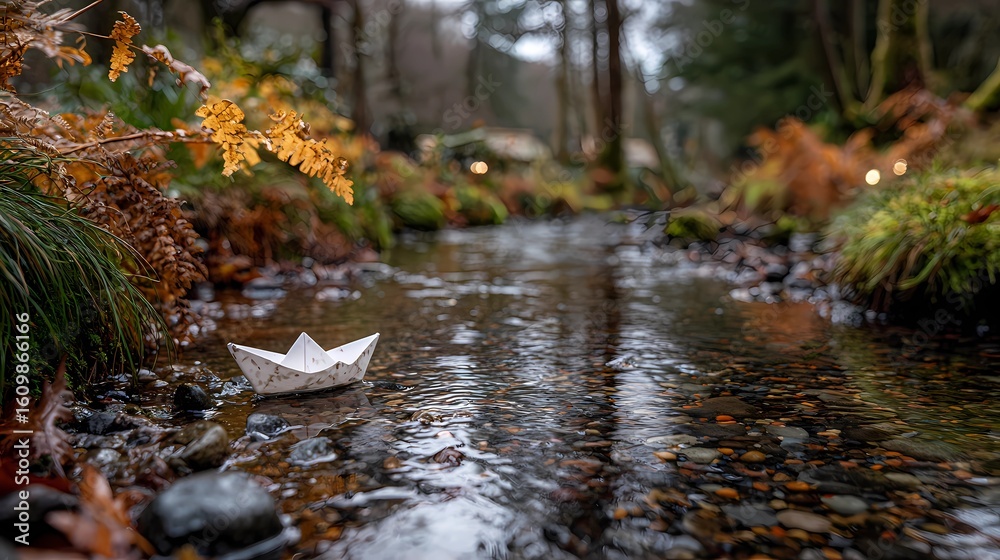 Fototapeta premium Paper craft boat floating in clear puddle water, with soft reflections and a peaceful, storybook atmosphere.