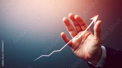 Hand growth arrow symbol business up background of success graph financial profit diagram or growing economy investment income target and goal