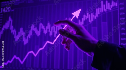 Hand growth arrow symbol business up background of success graph financial profit diagram or growing economy investment income target and goal