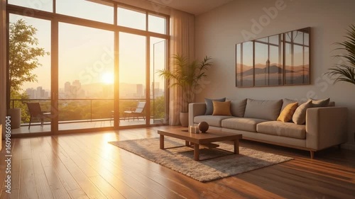 Serene Sunrise: Modern Apartment Living Room with City View.