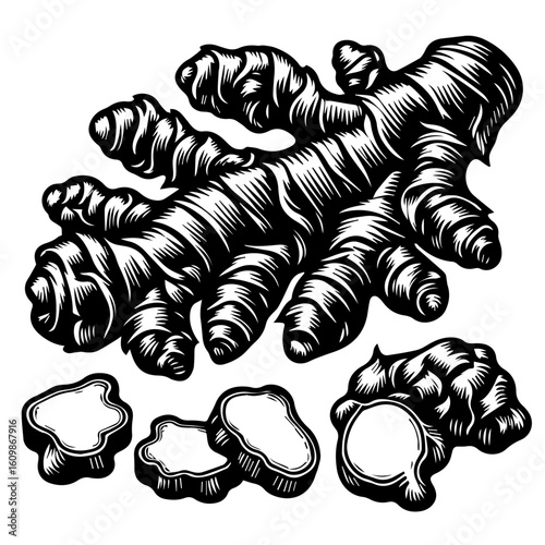 Black and White Ginger Root Illustration.