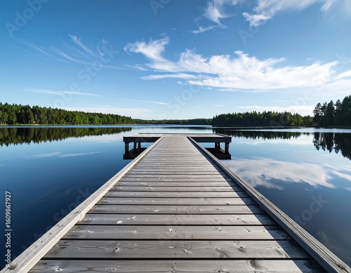 Wallpaper Mural Peaceful wooden dock extending over a calm lake, mirroring the sky and clouds Torontodigital.ca