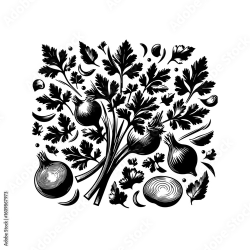 Black and White Illustration of Fresh Parsley and Onions.