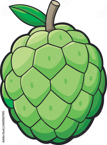 A vibrant green custard apple with a textured, segmented surface and a single leaf, isolated on a clean white background.