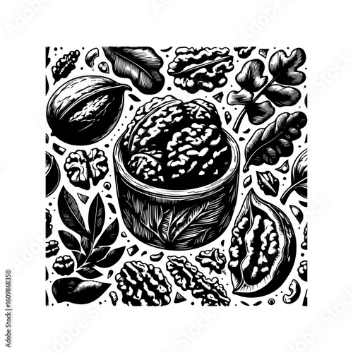 Black and White Walnut Illustration with Leaves.