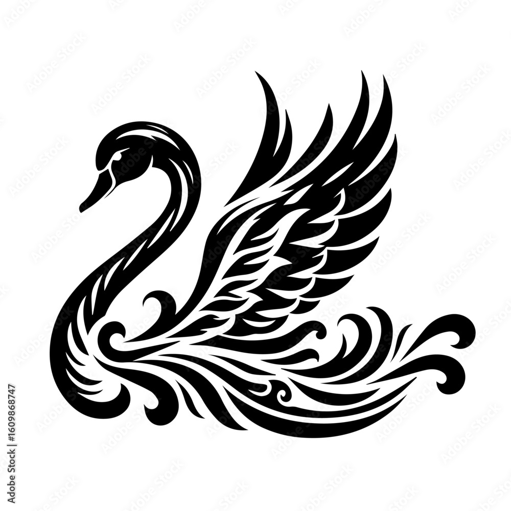 Fototapeta premium Elegant Black Swan with Ornate Wings and Tail.