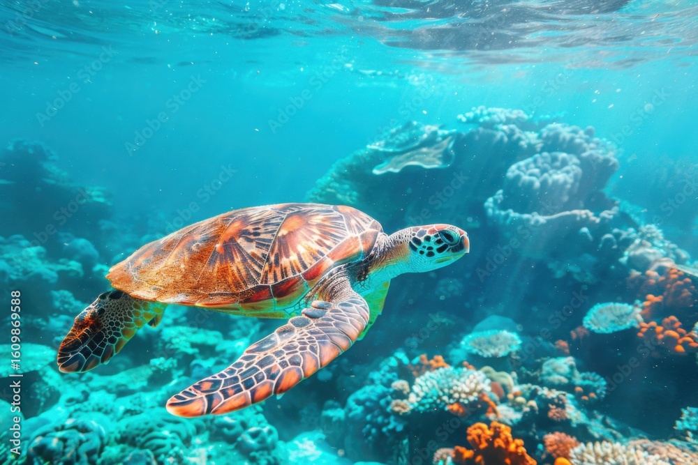 Fototapeta premium Sea turtle swims under water on the background of coral reefs
