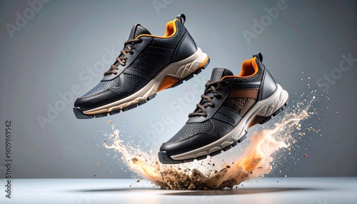 Dynamic Pair of Black and Orange Sneakers Kicking Up Dirt and Debris