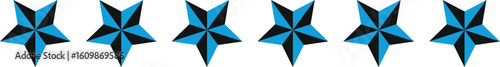 Six shiny blue stars in a row on a vactor white background
