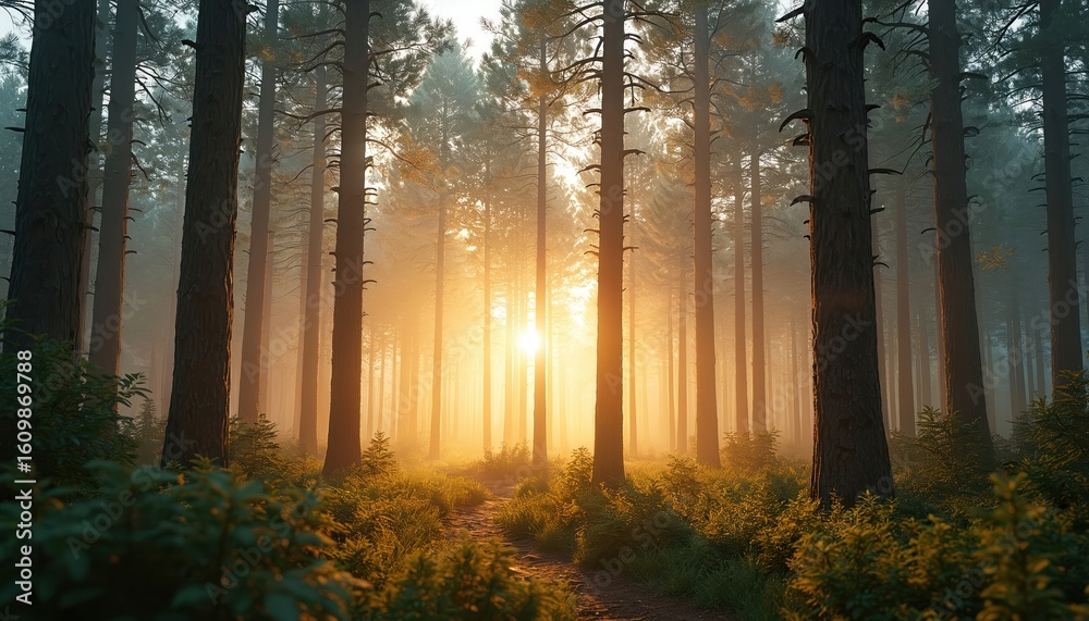 Obraz premium Golden sunset filters through tall pine trees illuminating forest path. Gentle mist creates serene, tranquil atmosphere. Autumn foliage in shades of yellow, orange. Nature beauty, peaceful woodland