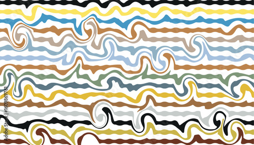 Colorful psychedelic wave background with red and yellow dynamic curves in abstract 1960s 1970s retro mod style, horizontal and vertical layout for banners, posters, and prints
