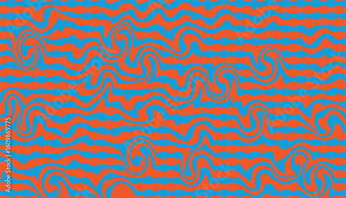 Colorful psychedelic wave background with red and yellow dynamic curves in abstract 1960s 1970s retro mod style, horizontal and vertical layout for banners, posters, and prints