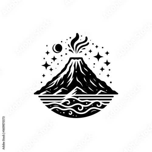 Stylized Volcano Erupting Under a Crescent Moon and Stars.